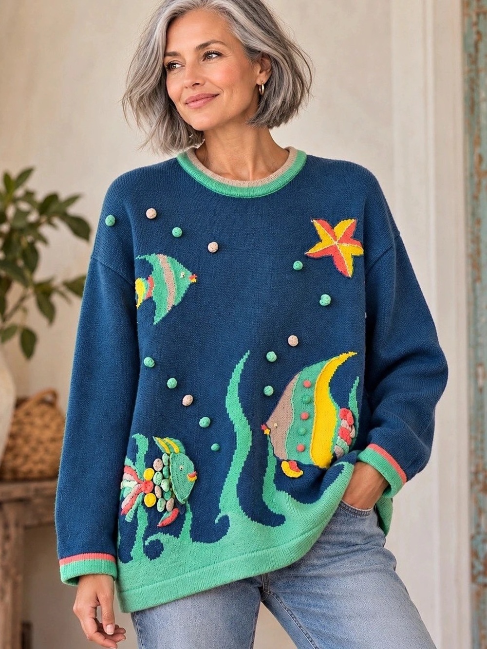 Vintage Storybook Knits Under the Sea Fish 3D Novelty Sweater S 90s Grandmacore